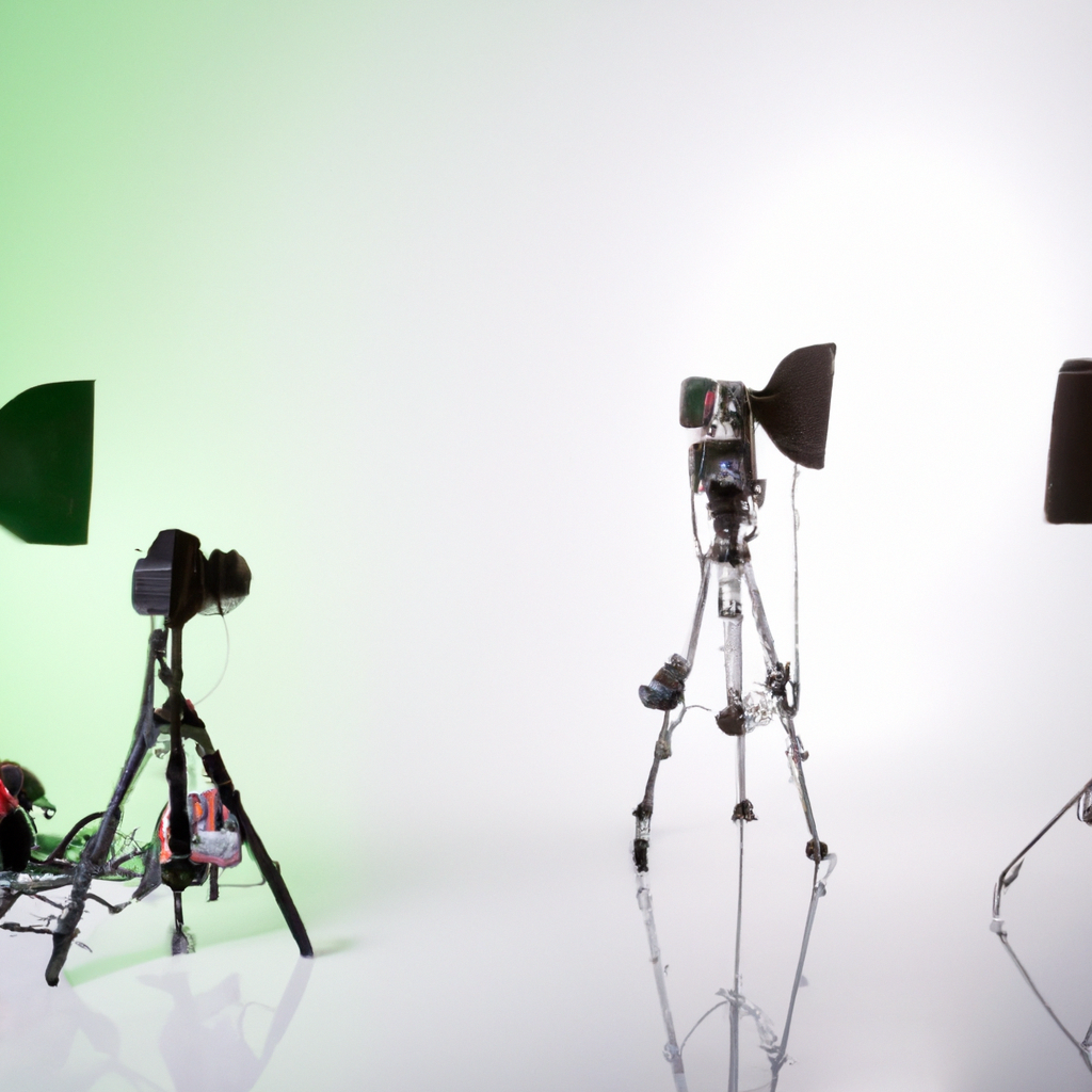 Fondo editorial de estudio fotográfico minimalista en Bogotá con cámaras, trípodes y luz suave